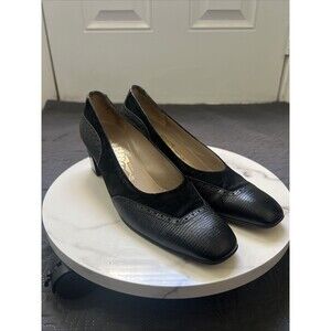 SALVATORE FERRAGAMO Black Suede & Leather Square Toe Heels Pumps Sz 9.5 AA VTG